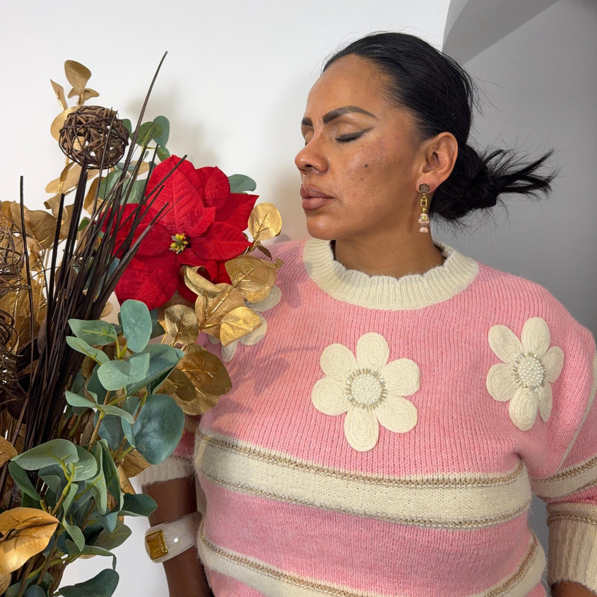 Pull Florelia - Rayures Roses et Fleurs Brodées